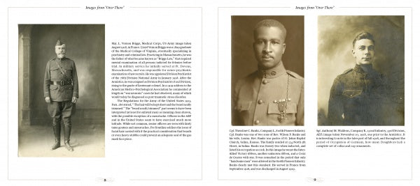 A book spread from "Images from Over There" by Schiffer Publishing, Ltd. shows sepia portraits of three WWI American Expeditionary Force soldiers: the left page has a full-body photo and text; the right page features two headshots with captions.