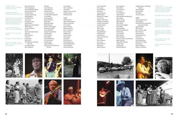 A two-page spread in "Smiling Banjo" by Schiffer Publishing, Ltd. showcases lists of names and black-and-white photos of musicians, capturing the Philadelphia Folk Festival’s lively tradition of singers, guitarists, and group acts.