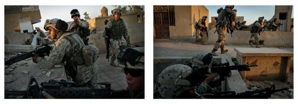 Two photos from "All of Which I Saw" by Schiffer Publishing, Ltd. show U.S. Marine Corps soldiers in combat gear navigating a war-torn urban area during the Iraq War—some advance while others take cover, showcasing gripping moments of photojournalism.