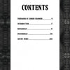 A table of contents page for “Rockabilly/Psychobilly” by Schiffer Publishing, Ltd., features a bold “CONTENTS” heading and five entries on a textured black background, covering rockabilly art, psychobilly artwork, and an Artist Index.