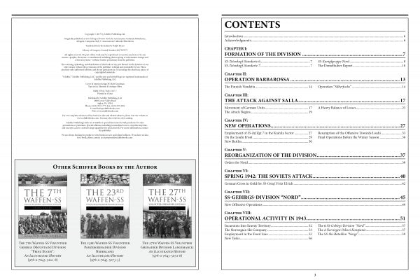 A two-page spread: the left lists other Schiffer Publishing WWII titles with three covers; the right shows "The 6th Waffen-SS Gebirgs (Mountain) Division Nord" table of contents, with chapters on Operation Nordwind and the 6th SS Gebirgs Division Nord.