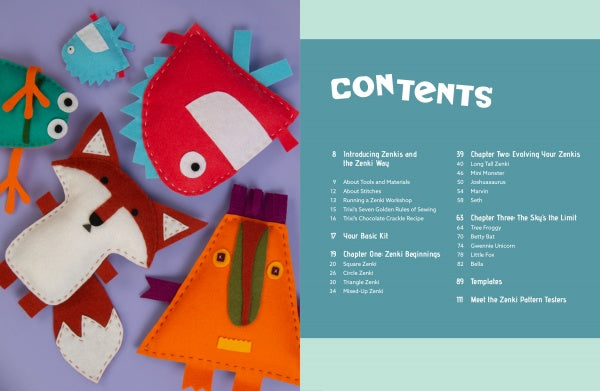 Colorful felt animal puppets—a fox, bird, frog, cat, and monster—are displayed on a blue background next to a table of contents from The Zenki Way, a craft book by Schiffer Publishing, Ltd., featuring hand-sewn softies and the creative Zenki method.
