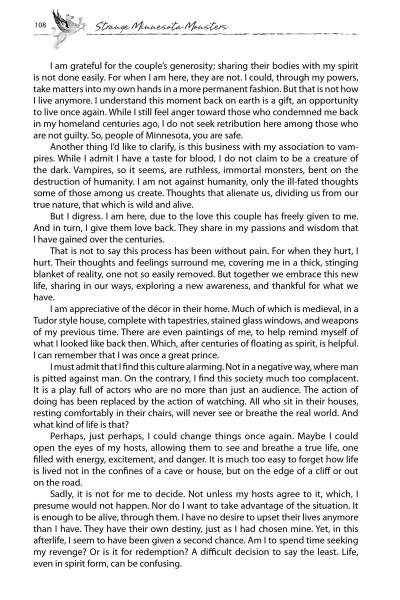 A page from "Strange Minnesota Monsters" by Schiffer Publishing, Ltd. features a reflective passage on identity, acceptance, and gratitude, woven with stories of local cryptids and Minnesota monsters.