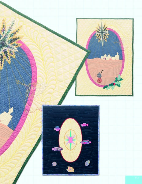 Three vibrant quilt panels from "Mariner's Compass Quilts" by Schiffer Publishing, Ltd. feature oval designs: a nativity scene, a star with landscape, and a star with fish—ideal inspiration for quilting patterns.