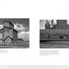 Two black-and-white photos from "Down by the Feed Mill" (Schiffer Publishing, Ltd.): Left, a rustic grain elevator by tracks; right, a farm scene mural on a modern silo, with feed mills and silos in the background—classic American ag settings.