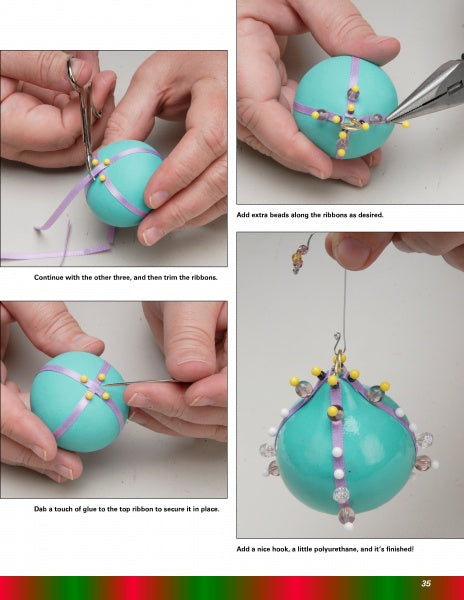 Four images from "Making More Gourd Ornaments" by Schiffer Publishing, Ltd. show step-by-step instructions for decorating a turquoise gourd with purple ribbon, beads, and a hook to create a festive holiday ornament.