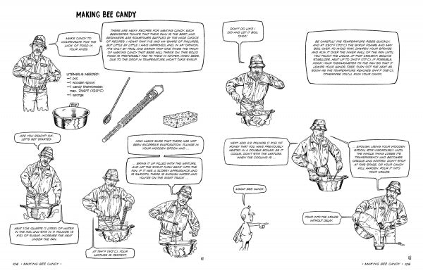 The Graphic Guide to Beekeeping by Schiffer Publishing, Ltd. is a black-and-white comic-style guide with illustrated steps, ingredients, equipment lists, and dialogue between a beekeeper and a bird on making bee candy.