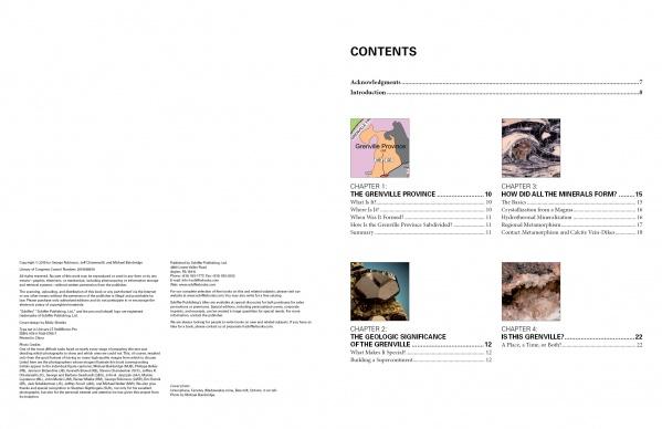 Minerals of the Grenville Province by Schiffer Publishing, Ltd. features a contents page with four chapters—covering the Grenville Province, its minerals and specimens, geological significance, and the question "Is this Grenville?"—with titles and color photos.