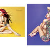 Two images from Alvarado's Pin-up Nudes, 2nd Edition by Schiffer Publishing, Ltd. showcase a tattooed woman with pink and black hair posing nude on yellow and purple backgrounds, seated with limbs crossed to partially cover herself.