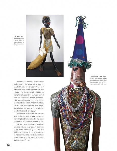 A page from "When the Spirit Speaks" (Schiffer Publishing, Ltd.) displays two African-inspired wood sculptures—one with a blue cone hat and beads, the other in a gold dress with a sack—highlighting ties to self-taught artists and outsider art.