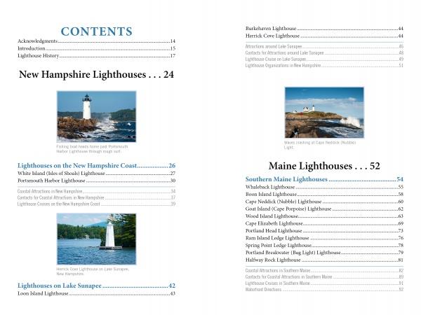 The "Lighthouses and Coastal Attractions of Northern New England" by Schiffer Publishing, Ltd. features a table of contents listing lighthouse sections with photos of white coastal lighthouses in New Hampshire and Maine.