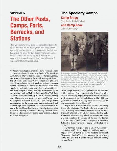 A page from To Hell with the Kaiser, Vol. II by Schiffer Publishing, Ltd. explores U.S. Army history, including Camp Bragg and Camp Knox, and features a vintage black-and-white photo of two Doughboys in uniform.