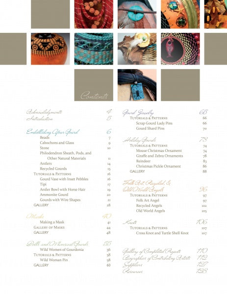 The table of contents for Creative Embellishments for Gourd Art (Schiffer Publishing, Ltd.) features small photos of vibrant woven, beaded jewelry, and gourd art, plus sections on embroidery, patterns, galleries, tutorials, and artist features with page numbers.