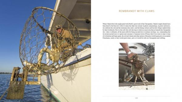 On the cover of Choptank Odyssey by Schiffer Publishing, Ltd., a person uses a large crab net over blue river water, with the right page titled "Rembrandt With Claws" and a small image of a crab.