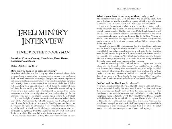 Two pages from "Interview with the Boogeyman" by Schiffer Publishing, Ltd.—the left page shows the title, location, date, and introduces the Boogeyman, while the right page continues the interview in two columns of text. No images are included.