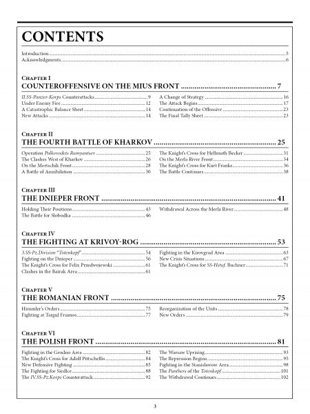 Table of contents listing chapters and sections from Schiffer Publishing’s "The 3rd Waffen-SS Panzer Division Totenkopf, 1943–1945," covering battles at Mius Front, Fourth Battle of Kharkov, Dnieper Front, Krivoy-Rog, Romania, and Poland.