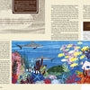 A magazine spread from Schiffer Publishing, Ltd.'s "Inspired by the National Parks" features double-sided text and a vibrant nature quilt along the bottom, showing marine life—fish, sharks, coral—in a colorful underwater scene.