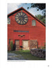Barn Again" by Schiffer Publishing, Ltd. showcases a spacious red barn ideal for conversion, with a giant clock face above doors and windows, surrounded by wagon wheels, stacked wood, green trees, and blue sky.