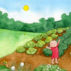 A smiling child in a red dress stands with arms raised in a sunny vegetable garden as others work nearby. A butterfly flutters by sunflowers. Text reads, "Hello, garden!"—a perfect moment from Schiffer Publishing, Ltd.'s Hello, Garden!.