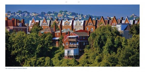 Pittsburgh by Schiffer Publishing, Ltd. captures rows of historic brick houses with peaked roofs and lush trees in hilly neighborhoods, reflecting the city's charm and cultural renaissance under a clear blue sky.