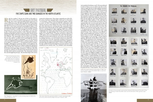 A two-page spread from Schiffer Publishing’s "German U-Boat Ace Heinrich Lehmann-Willenbrock" features WWII U-96 text, B&W submarine and crew photos, a North Atlantic map, and a grid of crewmember portraits with German captions.