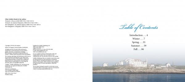 A Table of Contents page in "Welcome to New Hampshire" by Schiffer Publishing, Ltd. features a blue cursive title, lists seasonal chapters, and faces a copyright page. The background shows a coastal New England landscape with white buildings and calm water.