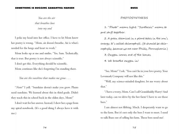 Two pages from *Something Is Bugging Samantha Hansen* by Schiffer Publishing, Ltd.: one with a poem and a chat on sunlight and poetry, the other titled "Photosynthesis," explaining the process and sharing Samantha’s thoughts on saving honey bees and farm visits.