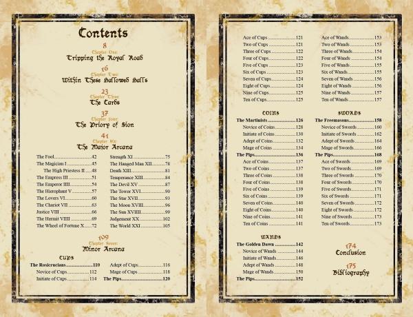 A two-page vintage parchment-style table of contents lists sections and page numbers for The Illuminati Tarot by Schiffer Publishing, Ltd., covering Major and Minor Arcana, Cups, Swords, Wands, and Pentacles in Western mysticism.