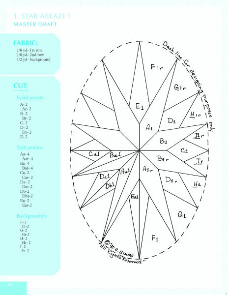 The Mariner's Compass Quilts diagram by Schiffer Publishing, Ltd. is a helpful guide, showing an oval split into labeled, numbered sections for piecing with fabric notes and a dashed line to indicate sewing direction.