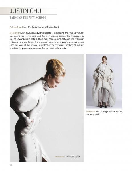 A portfolio page from "Emerging Fashion Designers 5" by Schiffer Publishing, Ltd. shows a model in a structured white garment with voluminous shoulders and includes text on the designer's materials, inspirations, and creative journey.