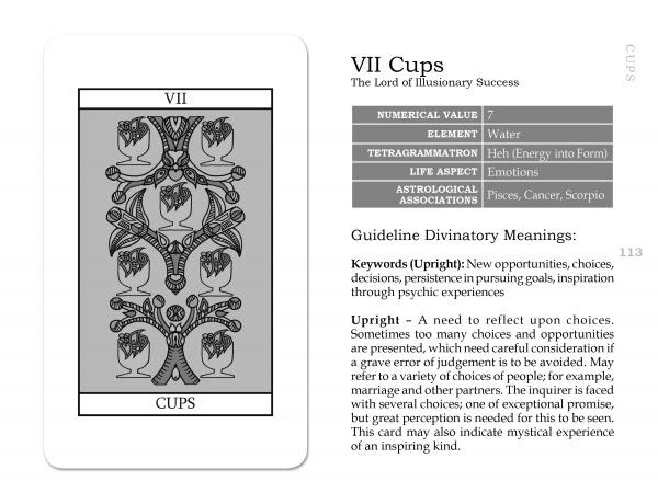The Tarot Lovers’ Tarot by Schiffer Publishing, Ltd. features the VII Cups card, depicting seven cups on a tree with twisted branches, and explores meanings, associations, and upright interpretations about new opportunities and careful choices.