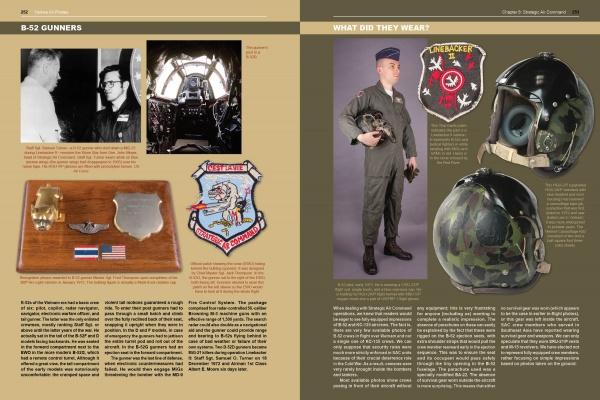 The two-page Yankee Air Pirates spread from Schiffer Publishing, Ltd. showcases B-52 gunner history, photos, insignia, Vietnam-era gear, a flight suit, helmet, and detailed text—ideal for USAF militaria collectors.