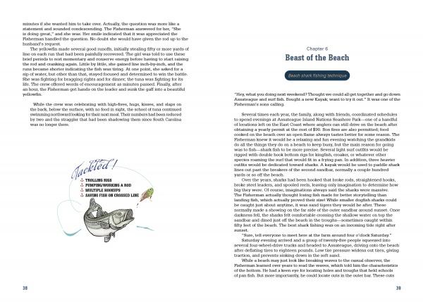 In Saltwater Tales by Schiffer Publishing, Ltd., a two-page spread ends a chapter with text and an illustration of a "collected" bucket full of tackle box, fishing poles, artificial worms, and bluefish—ideal for saltwater fishing—while Chapter 6, Beast of the Beach, begins.