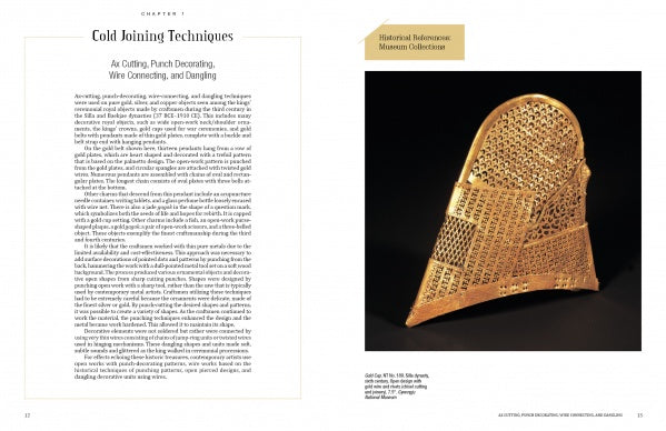 A two-page spread in "Korean Metal Art" by Schiffer Publishing, Ltd. shows cold joining techniques step-by-step on the left and a gold filigree helmet photo on the right, highlighting rich metalworking traditions.