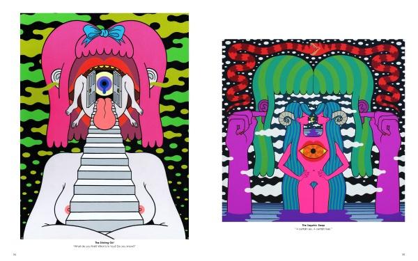 Eye See You" by Schiffer Publishing, Ltd. includes two vibrant, surreal digital artworks: left, a pink-haired figure with stairs, eyes, and hands as its face; right, mirrored green-haired figures with bold hands, lips, and a central eye. Abstract backdrops.