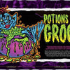 A vibrant cartoon fairy with blue skin and red hair lounges in a bubbling green potion inside a purple cauldron, channeling an '80s VHS vibe. Bold yellow text reads Let's Get Monster Smashed (Schiffer Publishing, Ltd.) on a dark textured background.