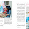 In "The Motherhood of Art" by Schiffer Publishing, Ltd., a woman embraces her child before a vibrant painting; beside them, she stands proudly with her canvas, similar art behind her, surrounded by a text interview on creativity and motherhood.