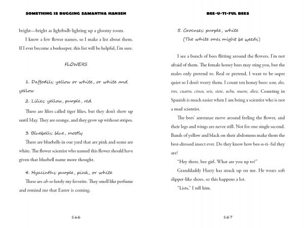 Two pages from Schiffer Publishing, Ltd.’s "Something Is Bugging Samantha Hansen": the left details daffodils, lilies, bluebells, hyacinths; on the right, a section on saving honey bees continues with crownless purple and white flowers.