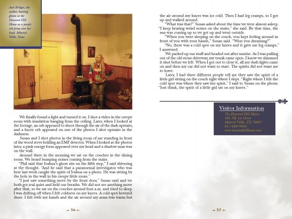 A woman smiles in a cozy, wood-paneled room beside a black stove. The page features "Spirit Magnet In Texas" by Schiffer Publishing, Ltd., sharing ghost stories, haunted Texas site details, and visitor info.