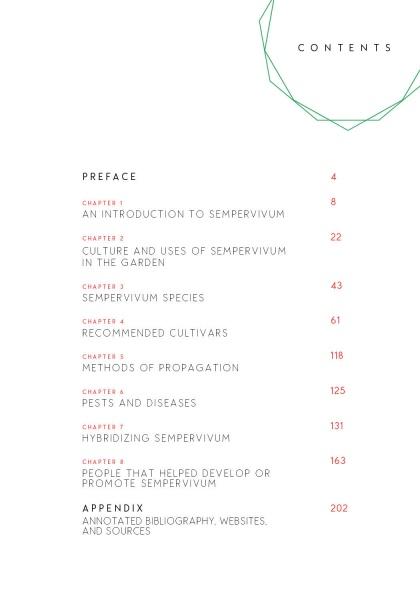 Table of contents for "Sempervivum" by Schiffer Publishing, Ltd., listing chapters on species, cultivars, propagation, pests, hybridizing, appendix. Features a minimalist layout with a geometric corner accent.