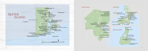 The left shows a Rhode Island map with major cities, towns, and coastlines; the right features insets of Providence, Newport, and Block Island from "101 Things to Do in Rhode Island" by Schiffer Publishing, Ltd., highlighting streets and top attractions.