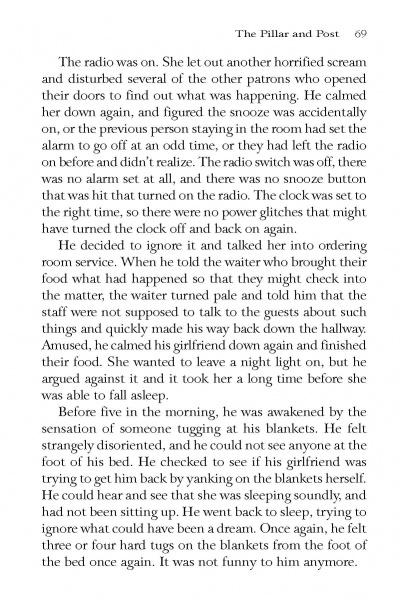 A page from "Spirits and Death in Niagara" by Schiffer Publishing, Ltd. (p. 69) depicts a woman startled by a radio turning on, her boyfriend trying to calm her, and tension hinting at haunted Niagara Falls.