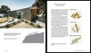 A two-page spread from "Designing for Disaster" by Schiffer Publishing, Ltd.: Left page shows a modern hillside house photo and drawing; right explains lateral forces on resilient homes with diagrams of lateral, vertical, and seismic loads.