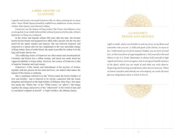 Two cream-colored pages from *Self-Love through the Sacred Feminine* by Schiffer Publishing, Ltd.: the left describes Guinevere’s history with a gold heading; the right presents her Prayer and Message, honoring the Sacred Feminine with gold detailing.