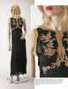 Featured in "Irresistible: The Art of Lingerie, 1920s-1980s" by Schiffer Publishing, Ltd., a mannequin displays a full-length black sleeveless nightgown with beige lace floral and bird embroidery on the bodice, shown in full and close-up views.
