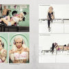 Four photos from Ink ’N Girls 2 by Schiffer Publishing, Ltd. show a tattooed woman with platinum blond hair in pink and white athletic wear posing at a laundromat, with a shirtless man flexing to highlight tattoo culture.