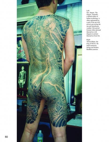 A man displays an intricate Japanese dragon tattoo on his back and thighs, reminiscent of Horiyoshi III’s legendary style as featured in “Studying Horiyoshi III” from Schiffer Publishing, Ltd.