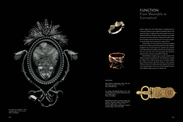 A two-page spread in "Cast" by Schiffer Publishing, Ltd. displays a detailed, dark animal-themed jewelry piece made with casting on the left, and three jewelry items with descriptions on the right under "FUNCTION From Wearable to Conceptual.