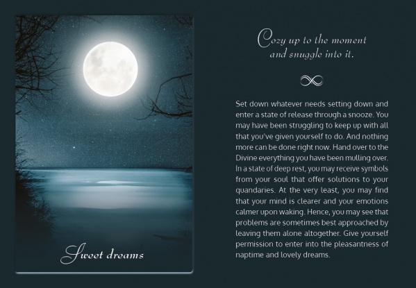 A bright full moon glows over a misty lake, framed by bare tree branches. Elegant text wishes sweet dreams and peaceful sleep—perfect inspiration for spiritual cards from TLC for the Soul by Schiffer Publishing, Ltd.