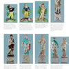 Eight Staffordshire enamel-painted figures, as detailed in "Staffordshire Figures 1780 to 1840, Volume 4" by Schiffer Publishing, Ltd., are set against a blue background: four front-facing on pedestals and four showing side or back views.